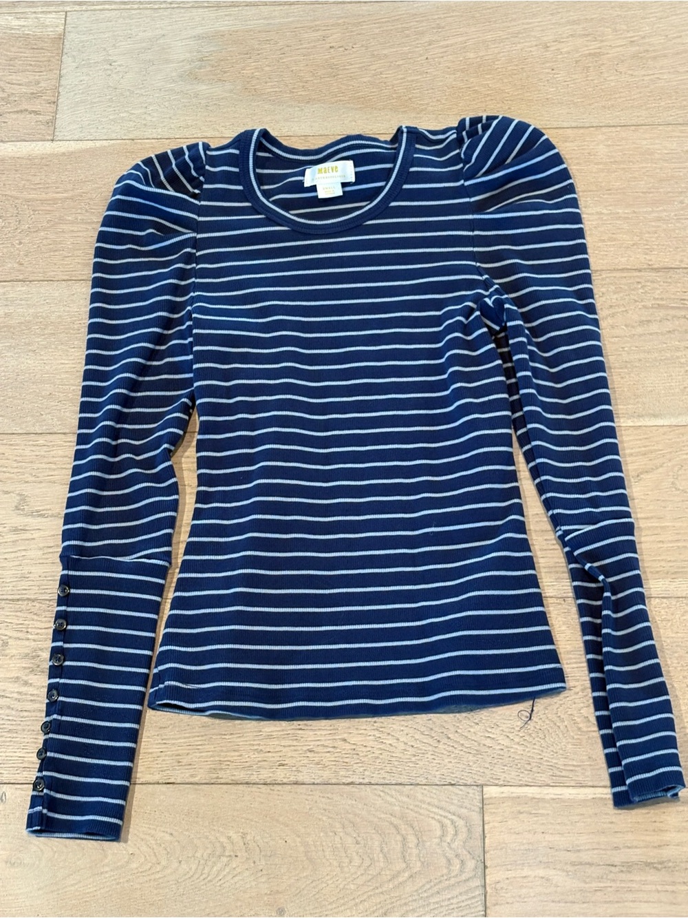 Anthropologie Navy & White Striped Puff-Sleeve Long Sleeve Top